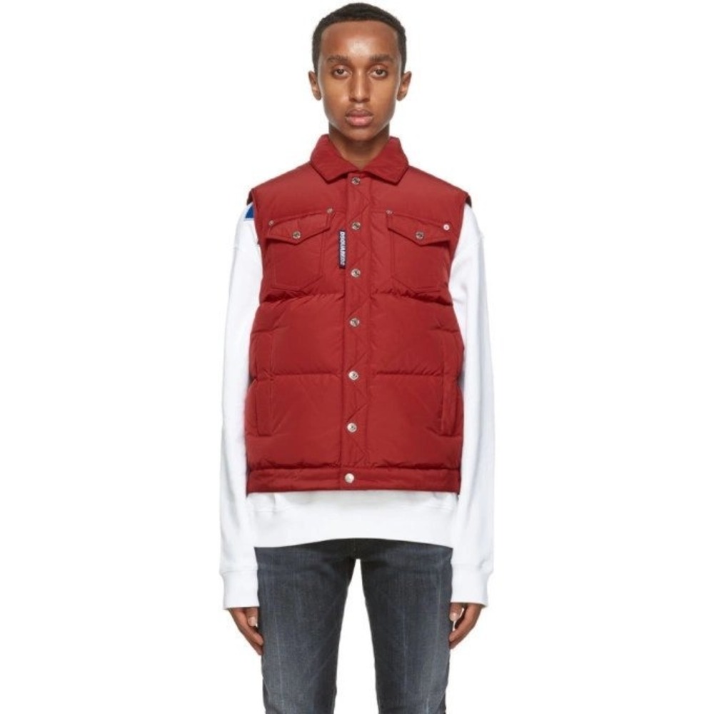 NWT DSQUARED2 Red Puffer Down‎ Vest Snap Button Collar Logo Patch Men SZ 46/US36